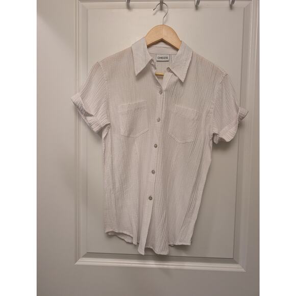 Lot of 2 Chico's Crinckle Short Sleeve Button Shirt Optic White Blue Minimalist - Picture 3 of 10